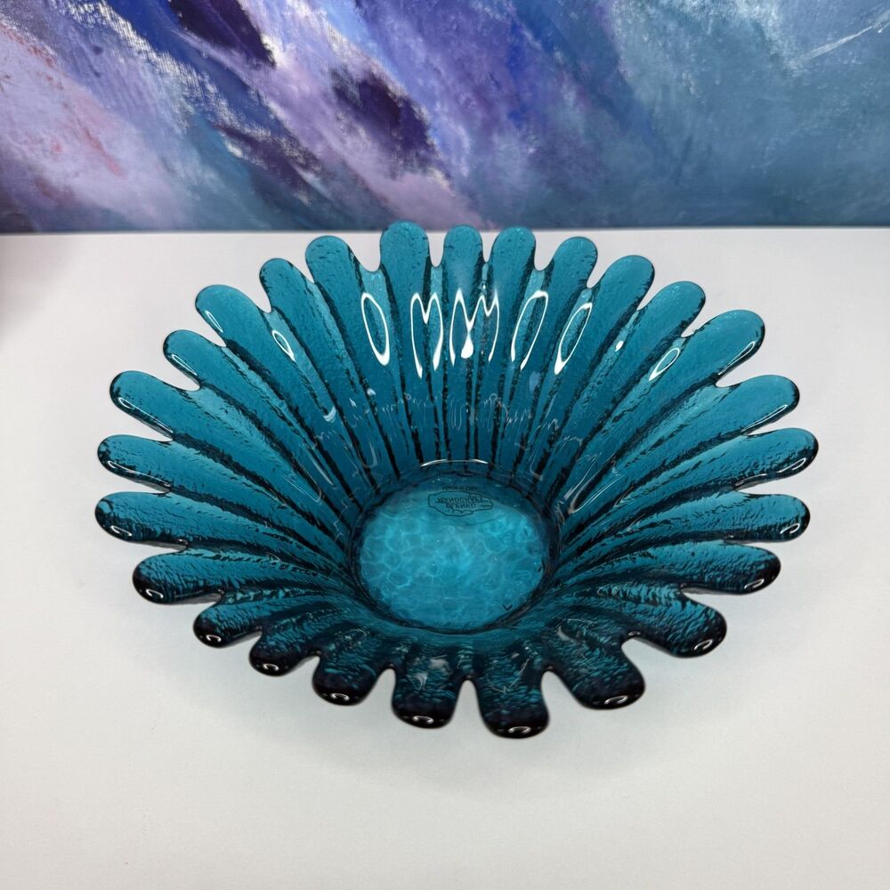 Blenko Daisy Bowl 847S 7" Dark Teal Scalloped Petal Trinket Dish Vintage Sticker